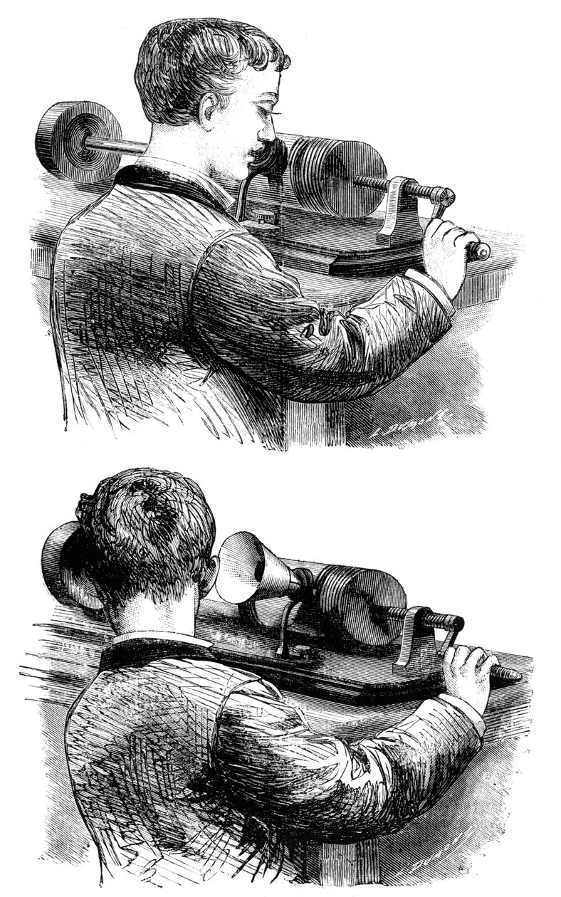 रिकॉर्डिंग बनाना, और सुनना, पहले एडिसन फोनोग्राफ, 1878 द्वारा अज्ञात