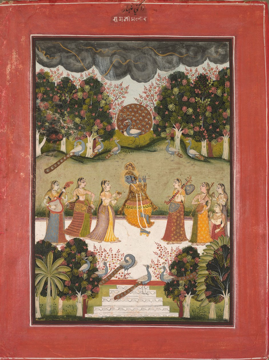 मलार रागिनी: कृष्ण बांसुरी बजाना सात गोपियों के लिए संगीत वाद्ययंत्र बजाना ..., सी। 1760। द्वारा अज्ञात