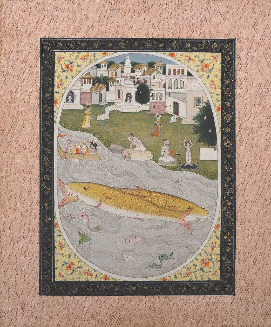 हिंदू तांत्रिक दृश्य के साथ पांडुलिपि चित्रकारी, दो मछली का चित्रण, 1800-1820। द्वारा अज्ञात