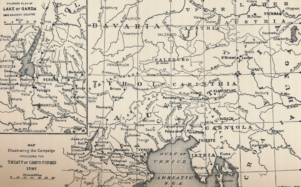 कैम्पो-फॉर्मियो, 1797, 1896 की संधि से पहले अभियान का चित्रण मानचित्र द्वारा अज्ञात