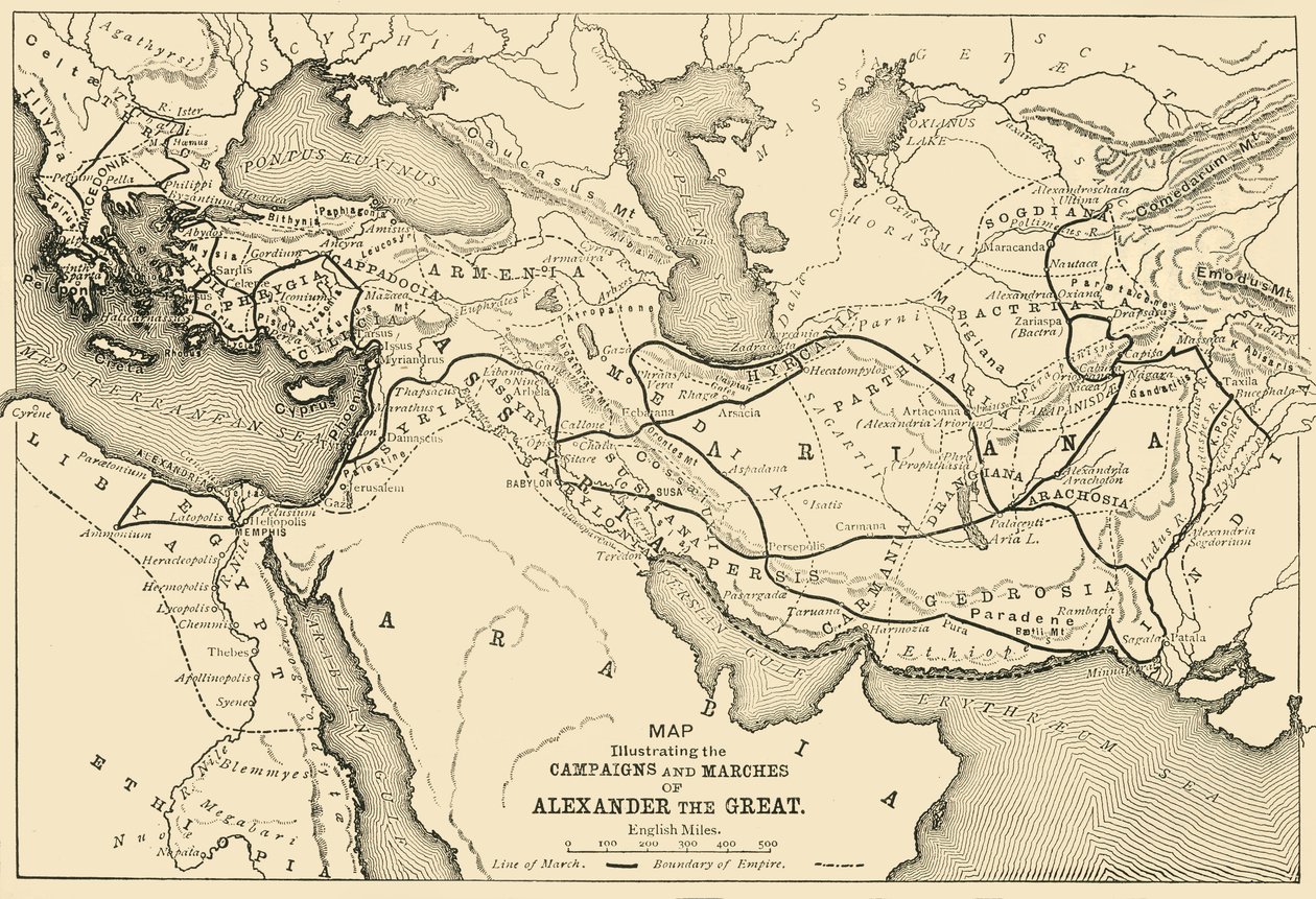 अलेक्जेंडर द ग्रेट, 1890 के अभियानों और मार्च का चित्रण। द्वारा अज्ञात