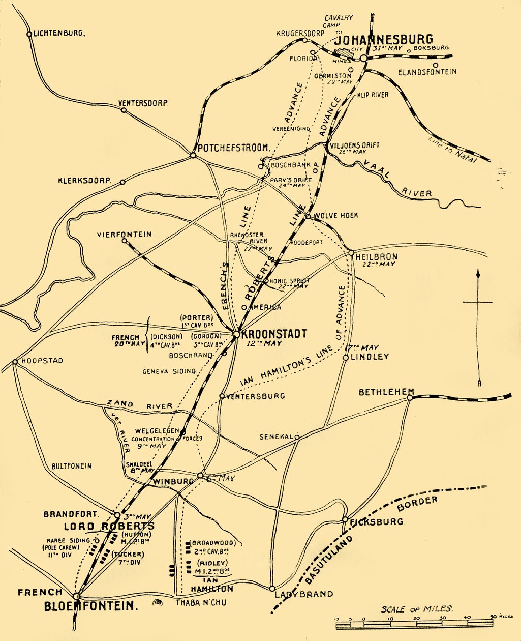 Bloemfontein से प्रिटोरिया, 1901 के लिए एडवांस की लाइनें दर्शाने वाला नक्शा। द्वारा अज्ञात