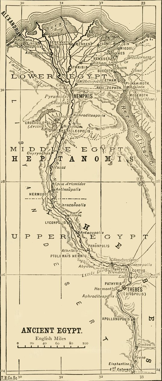 प्राचीन मिस्र का नक्शा, 1890। द्वारा अज्ञात