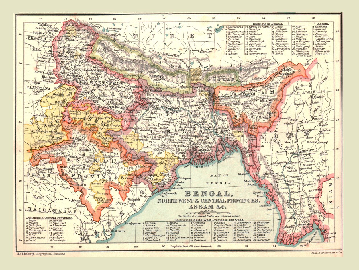 बंगाल का नक्शा, उत्तर पश्चिम और मध्य प्रांत और असम, 1902। द्वारा अज्ञात
