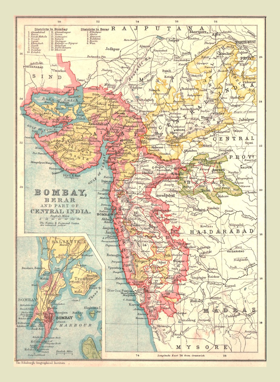 बंबई का नक्शा, बरार, और मध्य भारत का हिस्सा, 1902। द्वारा अज्ञात
