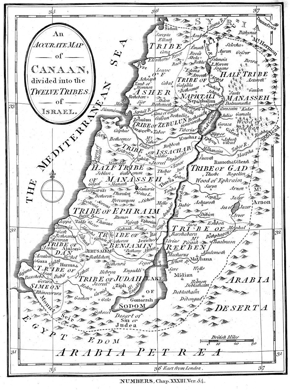 कनान का नक्शा इज़राइल के बारह जनजातियों में विभाजित, c1830 द्वारा अज्ञात