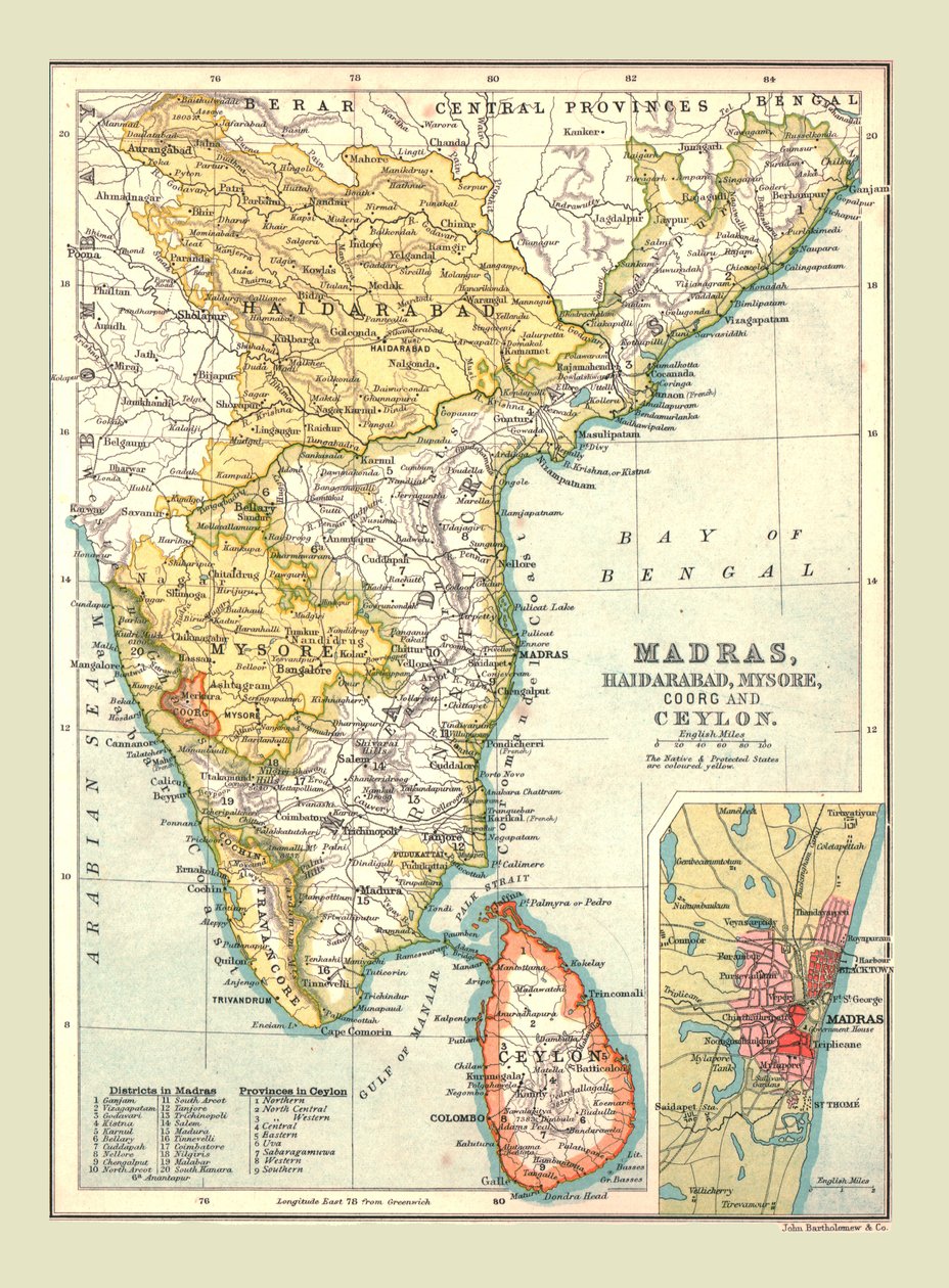 मद्रास, हैदराबाद, मैसूर, कूर्ग और सीलोन का मानचित्र, 1902। द्वारा अज्ञात