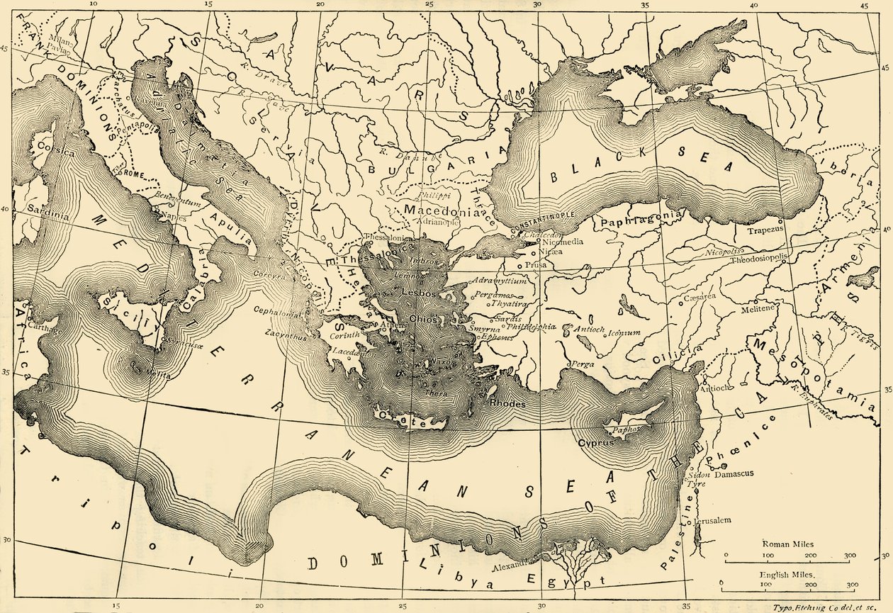 नौवीं शताब्दी में बीजान्टिन साम्राज्य का नक्शा, 1890। द्वारा अज्ञात