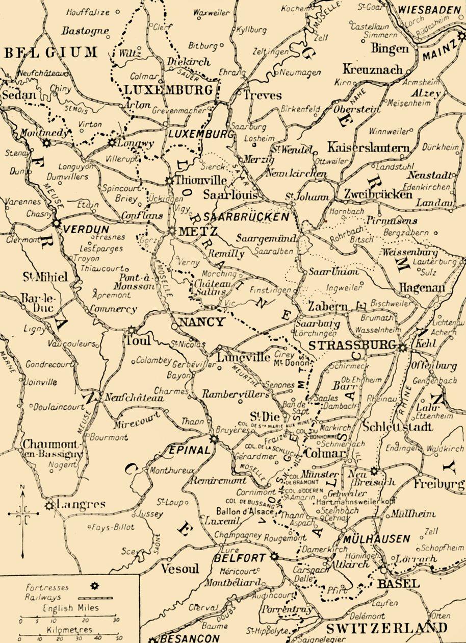 फ्रांस और जर्मनी के बीच सीमा को दर्शाने वाला मानचित्र, प्रथम विश्व युद्ध, c1915, c1920। द्वारा अज्ञात
