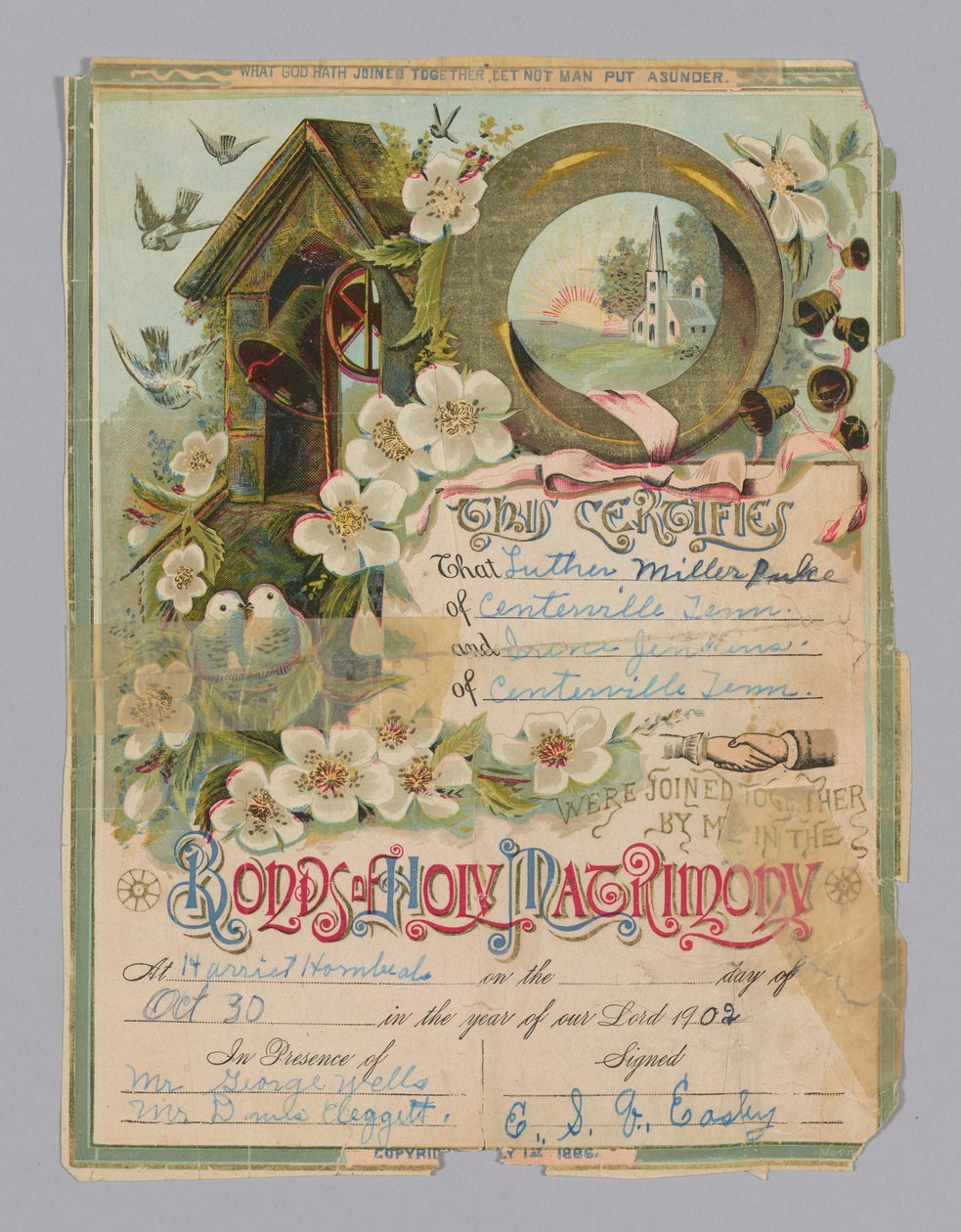 लूथर मिलर पल्स और आइरीन जेनकिंस का विवाह प्रमाण पत्र, 30 अक्टूबर, 1902। द्वारा अज्ञात