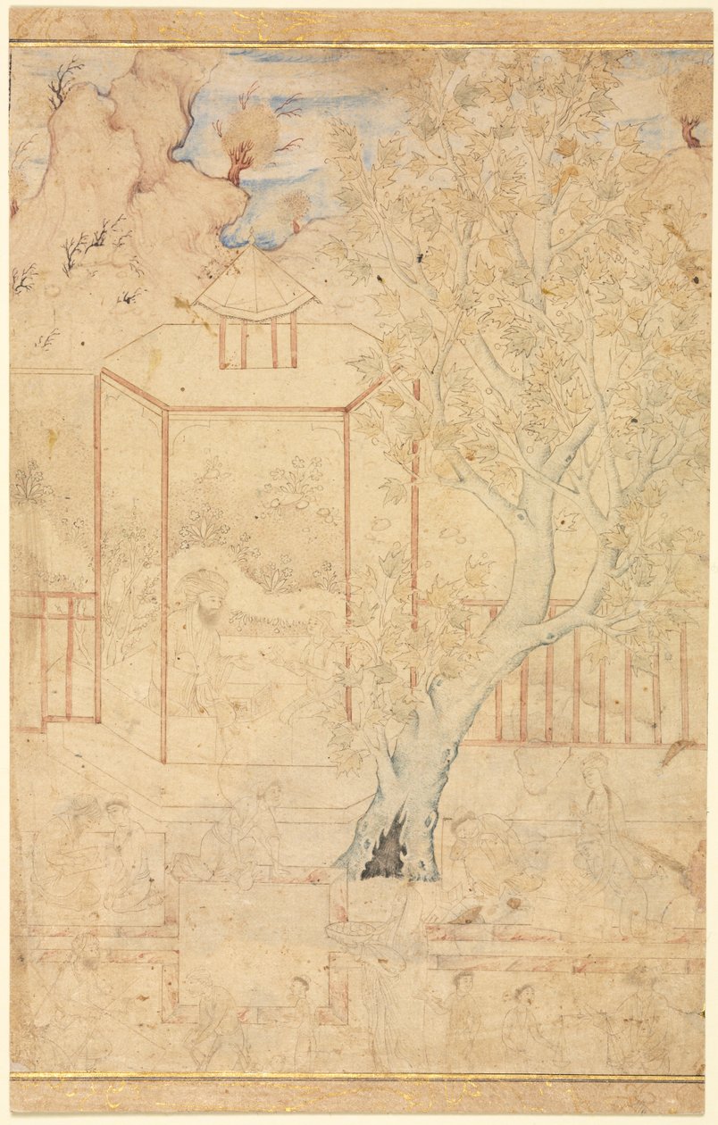 मास्टर और शिष्य एक गार्डन मंडप में, एकल पृष्ठ चित्रण, सी। 1570-1590s। द्वारा अज्ञात