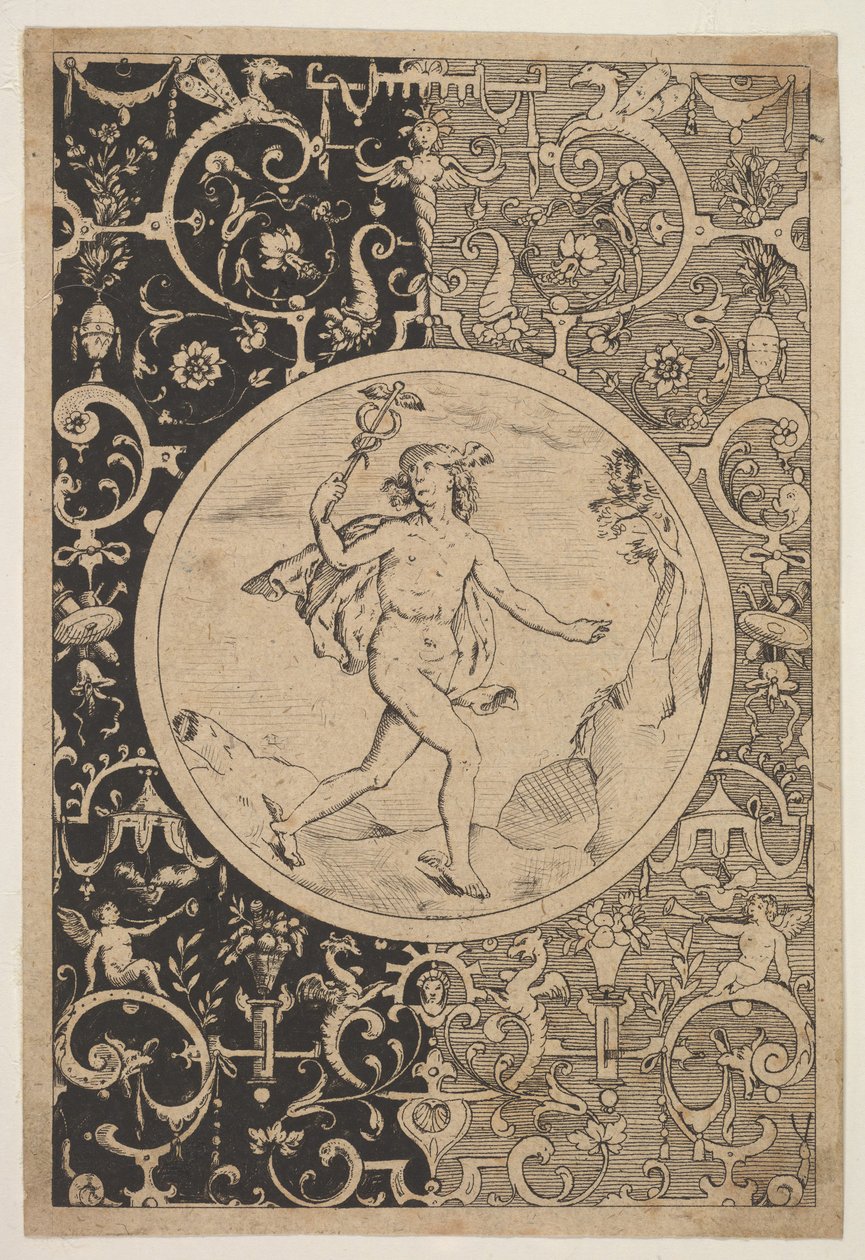 Grotesques के साथ एक सजावटी फ्रेम में बुध, ca. 1600-1630। द्वारा अज्ञात