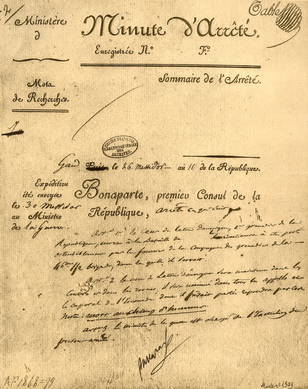 ला टूर dAuvergne, 15 जुलाई 1803, 1921 के विषय पर मंत्रिस्तरीय आदेश। द्वारा अज्ञात