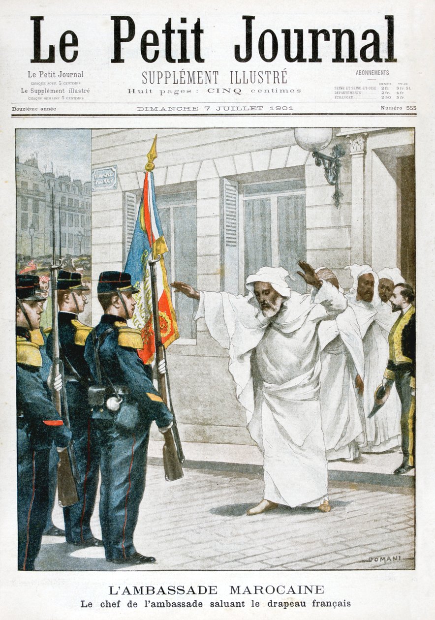 मोरक्को के दूतावास, 1901 में फ्रांसीसी ध्वज को सलामी देते हुए मुख्य राजदूत द्वारा अज्ञात
