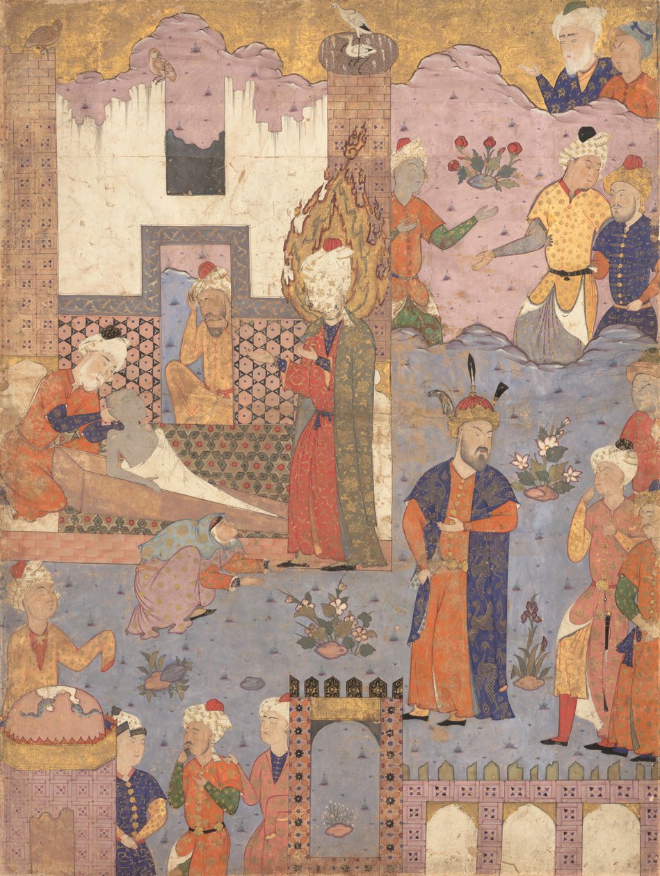 मुहम्मद बीमार लड़के को पुनर्जीवित करता है, जाफर अल-सादिक, 1550 के ओमेन्स की एक फलनामा बुक से फोलियो। द्वारा अज्ञात