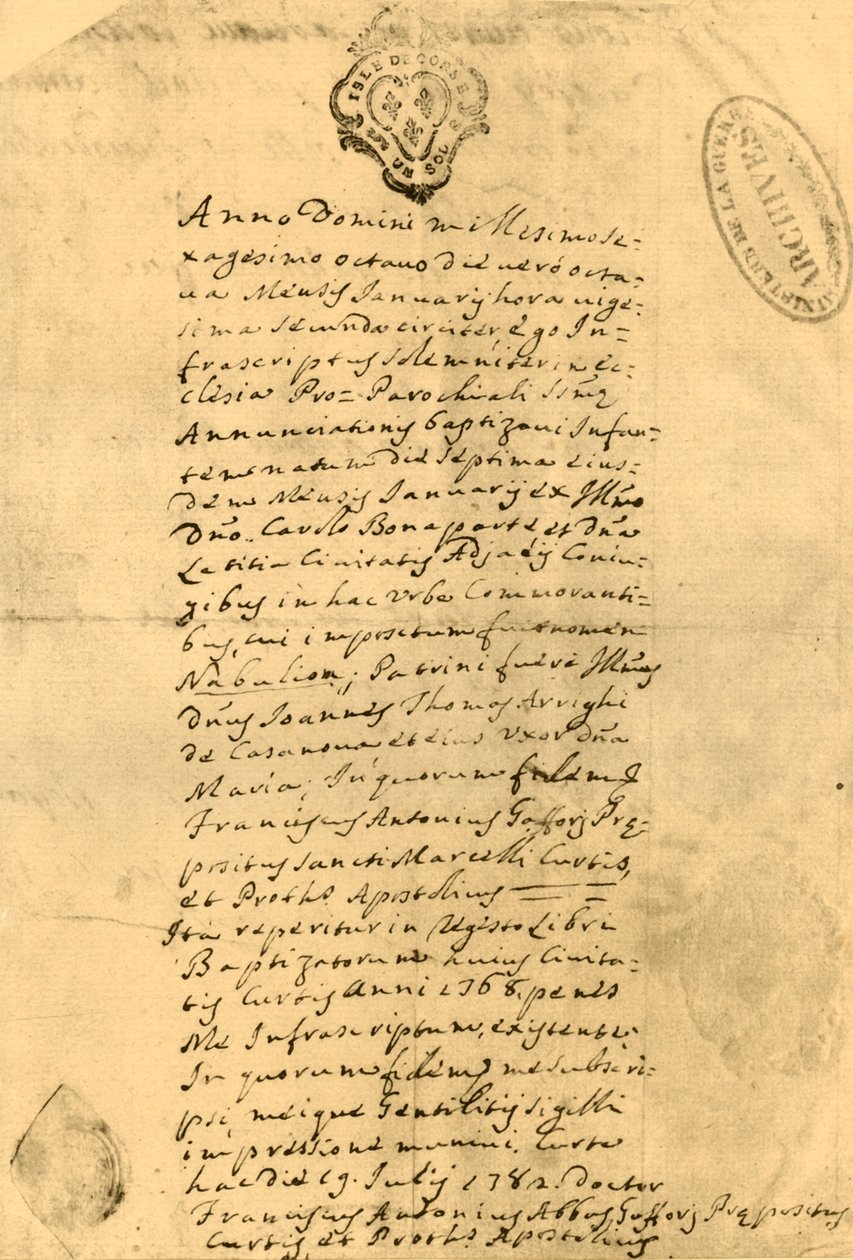 नेपोलियन जन्म प्रमाण पत्र, 21 जुलाई 1771, 1921। द्वारा अज्ञात