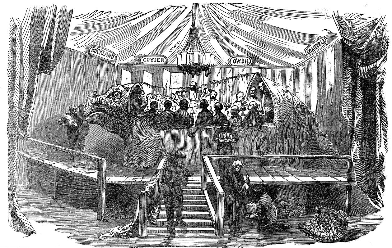 डायनासोर, क्रिस्टल पैलेस, सिडेनहैम, न्यू इयर्स ईव, 1853 के एक मॉडल के अंदर भोजन करने वाले प्रकृतिवादी द्वारा अज्ञात
