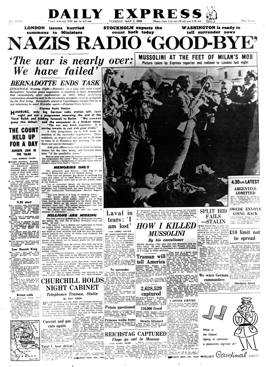 नाज़िस रेडियो गुड-बाय, डेली एक्सप्रेस का फ्रंट पेज, 1 मई 1945 द्वारा अज्ञात