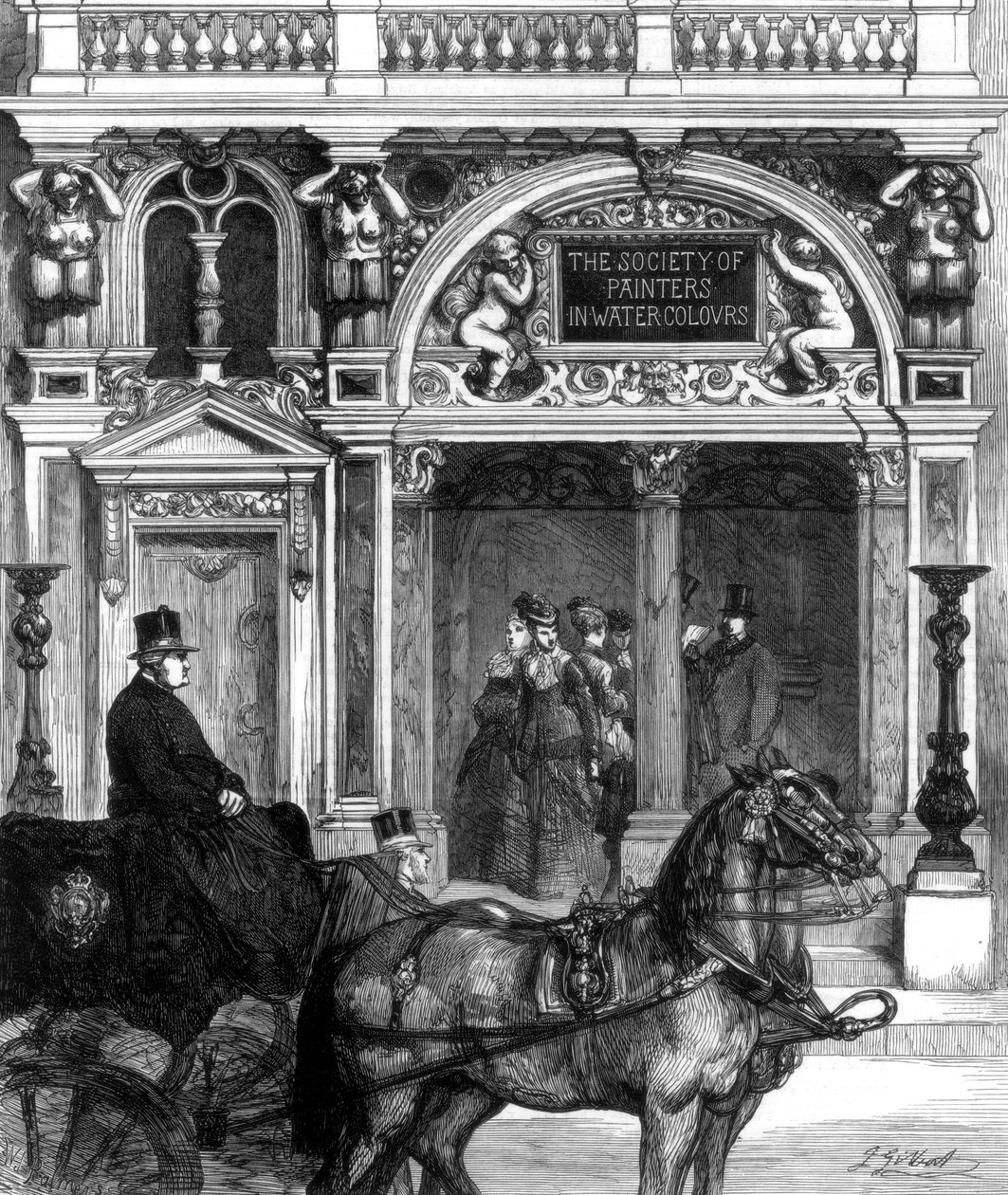 पेंटर मॉल, ईस्ट ऑफ़ लंदन, 1875 की सोसायटी ऑफ़ पेंटर्स की गैलरी में नया प्रवेश द्वार द्वारा अज्ञात