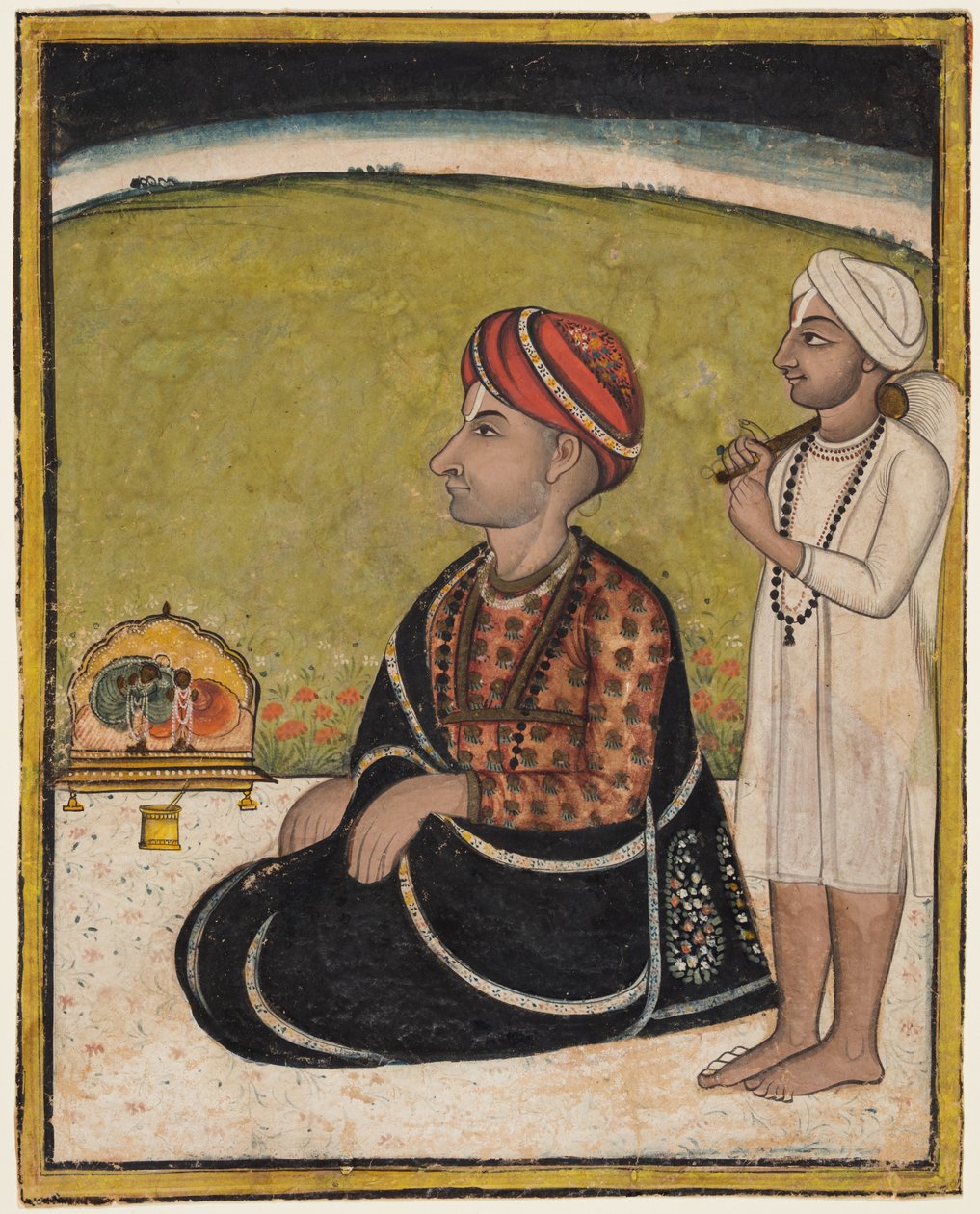 नोबल एक बाहरी पैरापेट पर बैठा है जो कृष्ण के एक तीर्थ की पूजा करता है। 1800। द्वारा अज्ञात