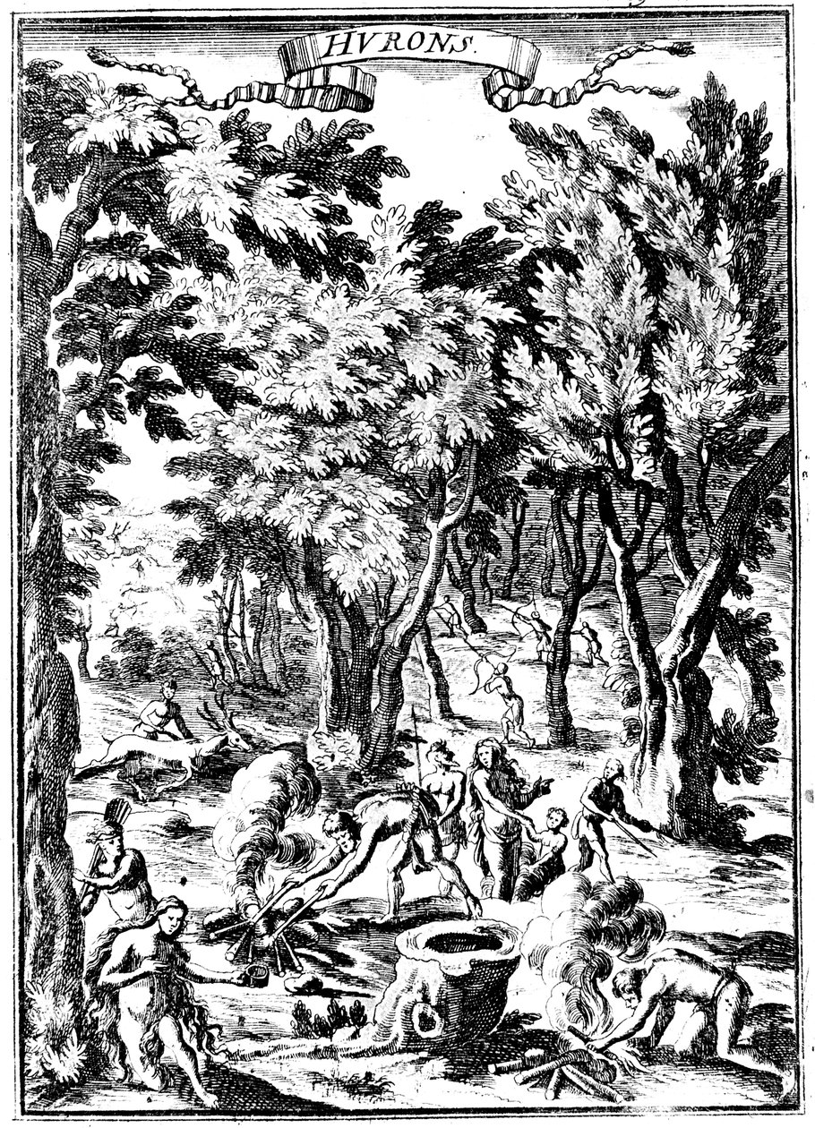 1686 में वुडलैंड में उत्तर अमेरिकी ह्यूरॉन इंडियंस शिकार और भोजन तैयार करते हैं द्वारा अज्ञात
