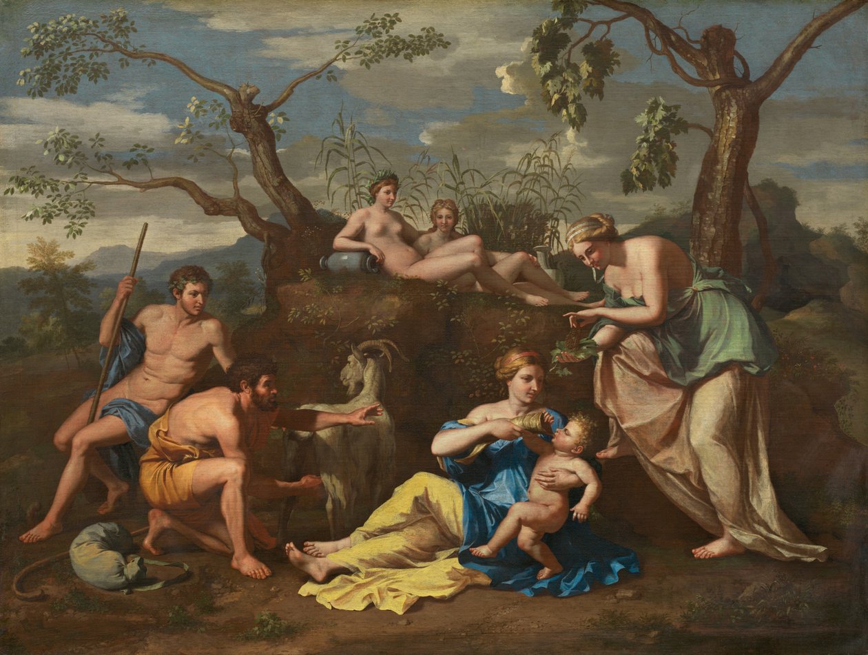 बच्चे बृहस्पति को दूध पिलाने वाली अप्सराएँ, c. 1650. द्वारा अज्ञात