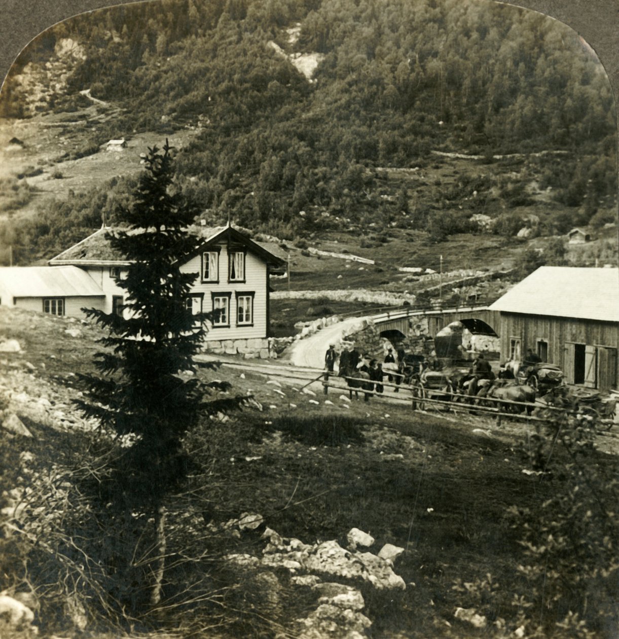 सुरम्य टेलीमार्केन रोड पर - ग्रुंडेस्ब्रो स्काई स्टेशन, नॉर्वे में c1905 में घोड़ों को बदलते हुए। द्वारा अज्ञात