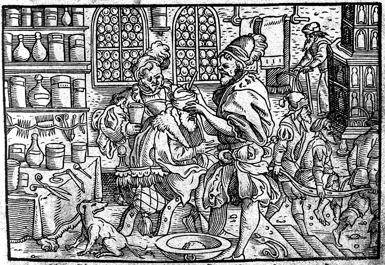 एक आदमी के सिर पर ऑपरेशन। से: Theophrastus Bombastus वॉन होहेनम, 1562 द्वारा महान वुंडरज़नी द्वारा अज्ञात