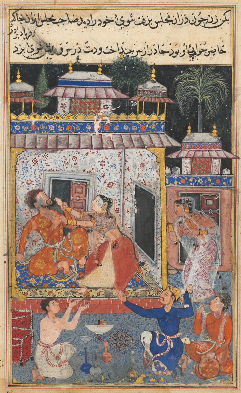 एक तोते की कहानियाँ टुटी-नाम से: आठवीं रात: धोखेबाज पत्नी से मारपीट, सी। 1560। द्वारा अज्ञात