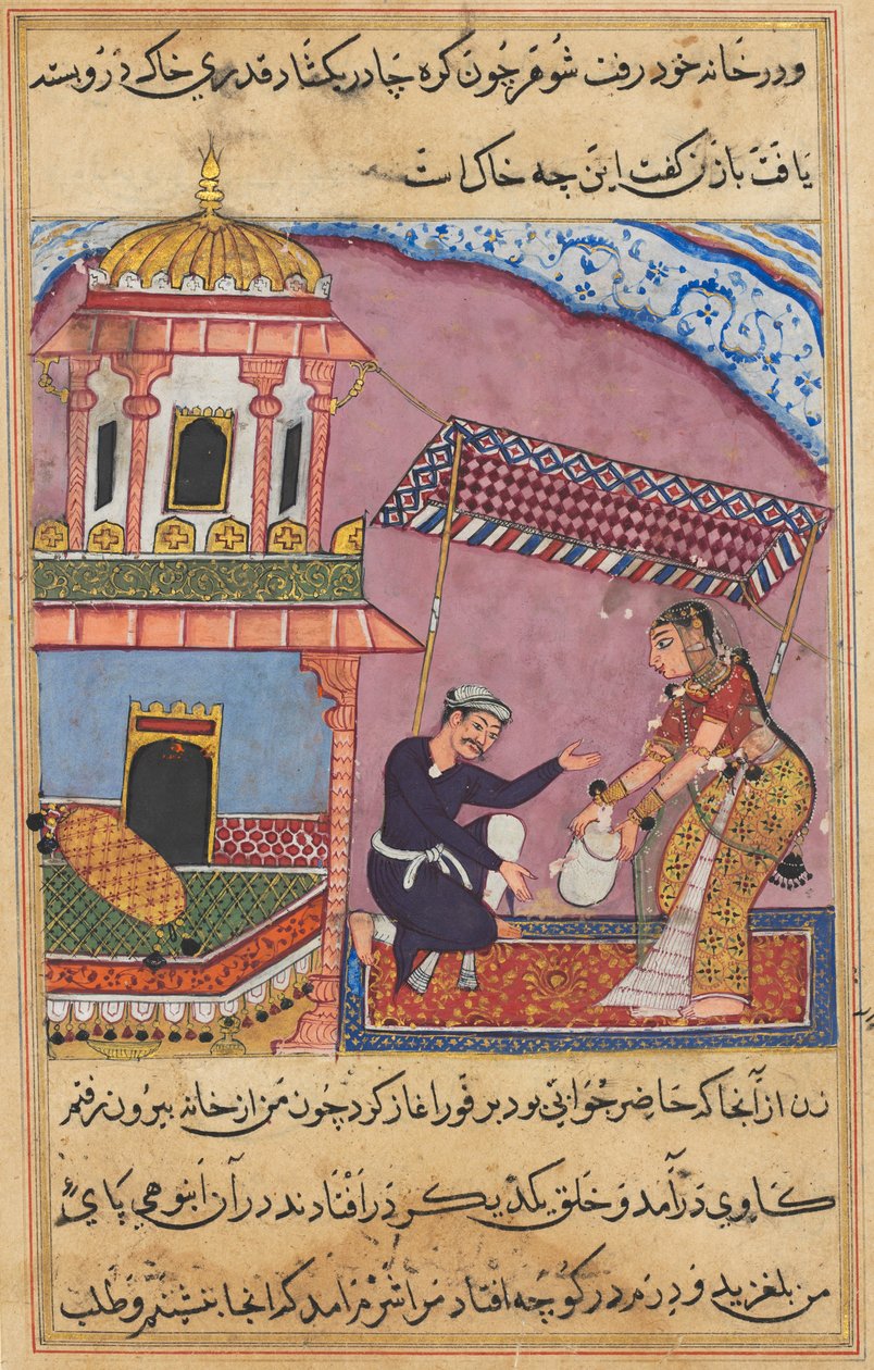 एक तोते की कहानियों से पेज टुटी-नामा: आठवीं रात: पति अपनी पत्नी को ..., सी। 1560। द्वारा अज्ञात