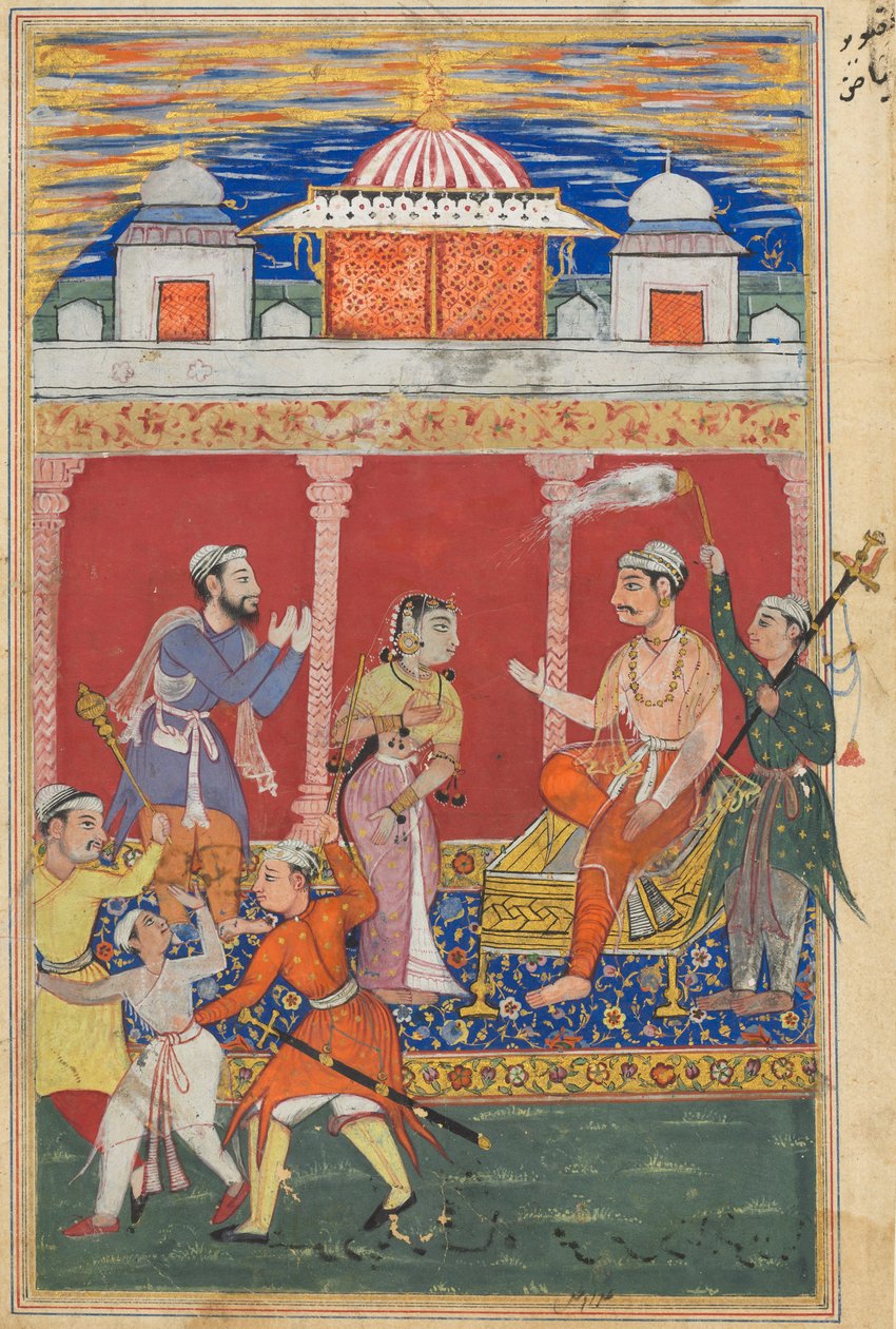 एक तोते की कहानियों से पृष्ठ टटी-नामा: आठवीं रात: राजकुमारों का तांडव जारी है ..., सी। 1560। द्वारा अज्ञात