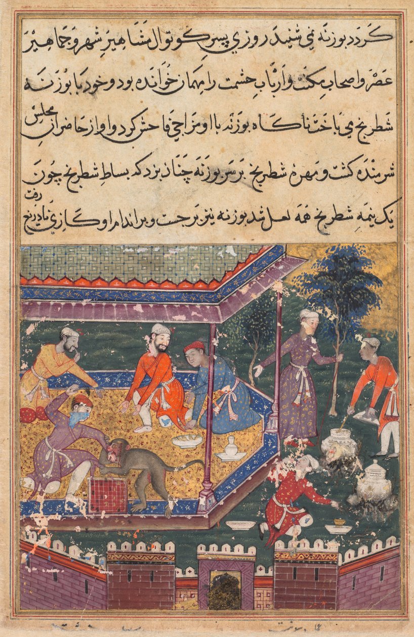 तोते की कहानी टुटी-नाम से पन्ना: पांचवीं रात: घायल बंदर हाथ काटता है। c1560 द्वारा अज्ञात