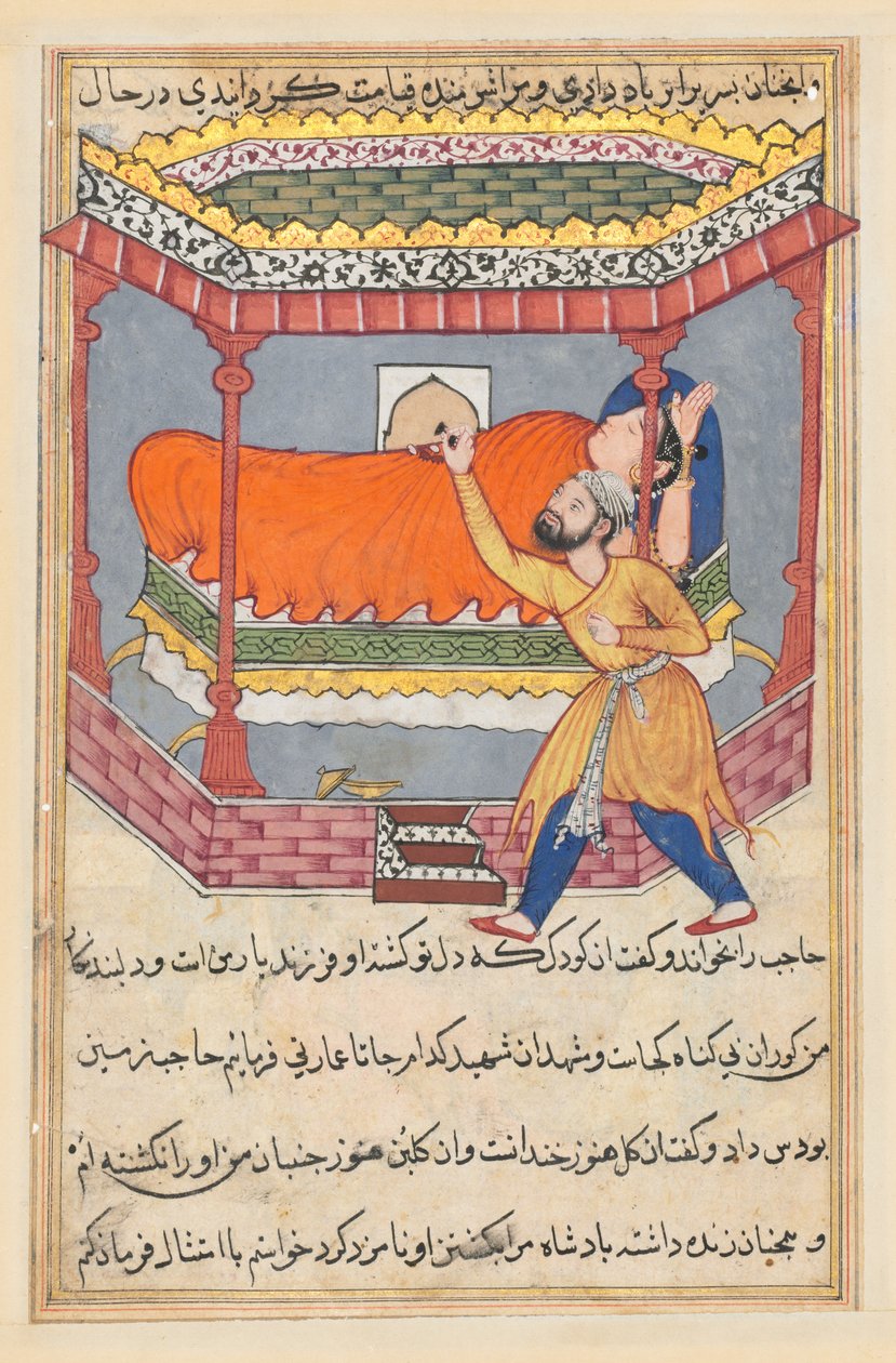 एक तोते की कहानियों से पृष्ठ टटी-नामा: पचासवीं रात: राजा ने ताबीज पहना ..., सी। 1560। द्वारा अज्ञात