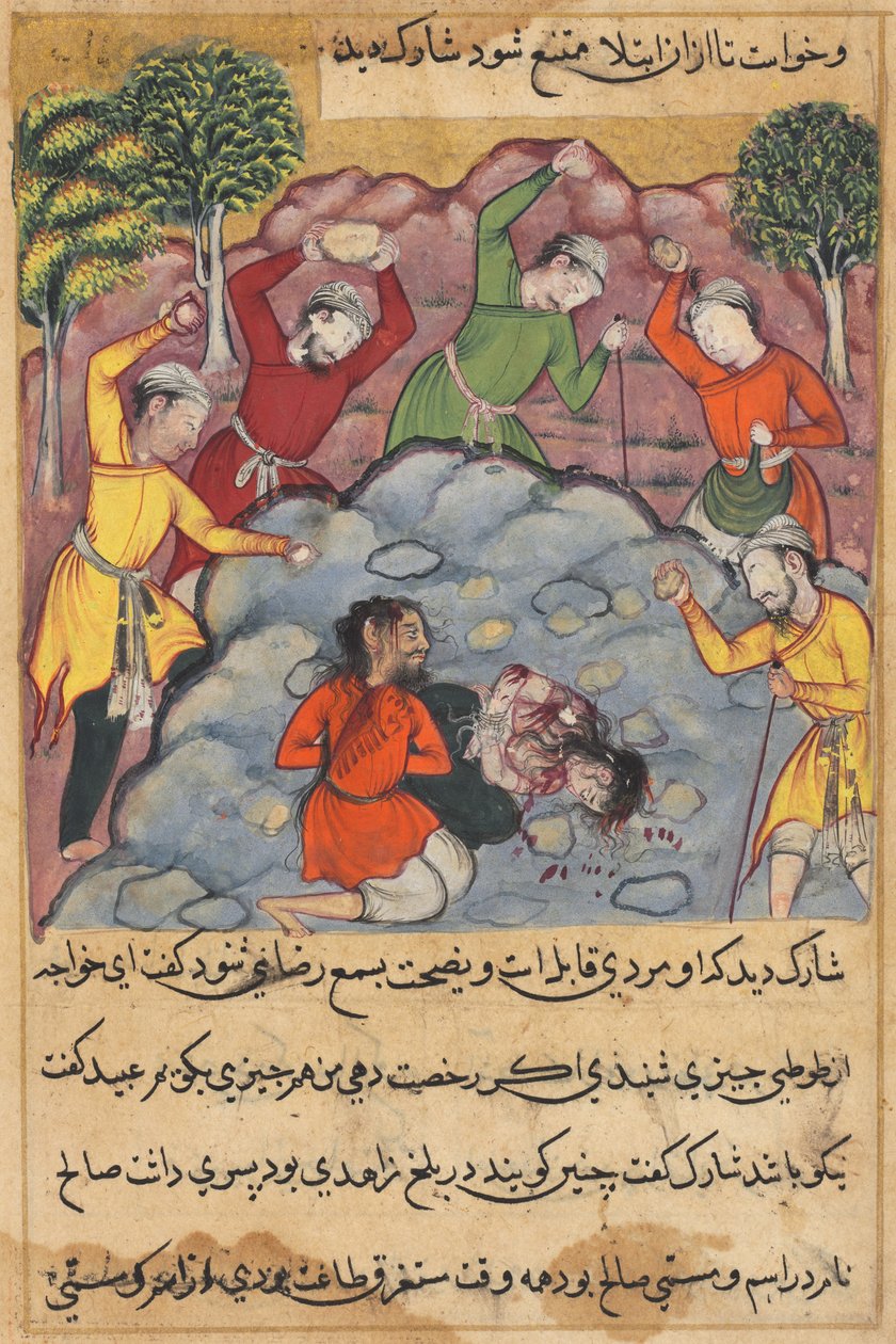 एक तोते की कहानियों से पृष्ठ तुति-नाम: राजस बेटी और उसके प्रेमी ने पत्थरबाजी की ..., सी। 1560। द्वारा अज्ञात