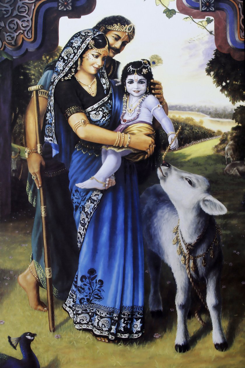 हिंदू भगवान कृष्ण को उनके पालक माता-पिता यशोदा और नंदा के साथ एक बच्चे के रूप में चित्रित करना। इंडिया द्वारा अज्ञात
