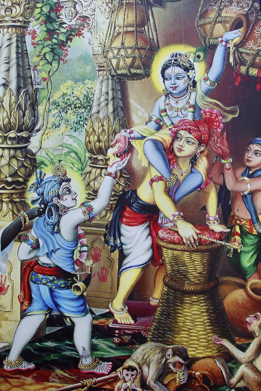 हिंदू भगवान कृष्ण को अपने भाइयों के साथ खेलते हुए एक बच्चे के रूप में चित्रित करने वाली पेंटिंग। इंडिया द्वारा अज्ञात