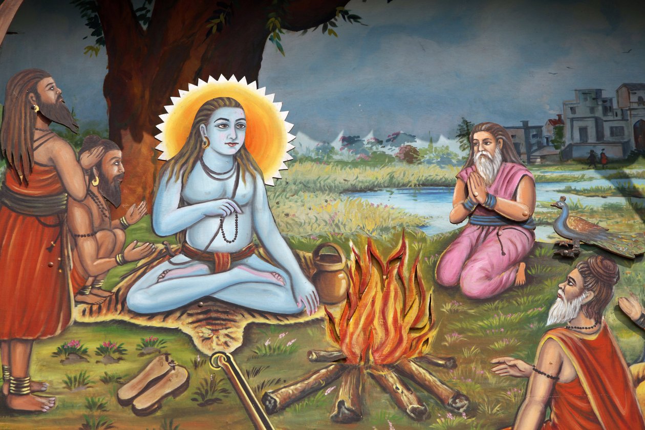 अनुयायियों से घिरे एक पवित्र व्यक्ति (शिव की तरह एक बाघ की खाल पर बैठे) को दर्शाती पेंटिंग हरिद्वार India द्वारा अज्ञात