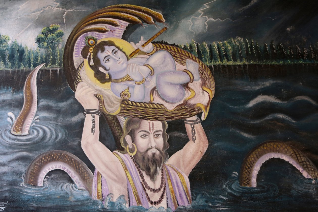 गोकुल में पेंटिंग: कृष्ण एक बच्चे के रूप में वासुदेव द्वारा यमुना नदी पर ले जाया गया। इंडिया द्वारा अज्ञात