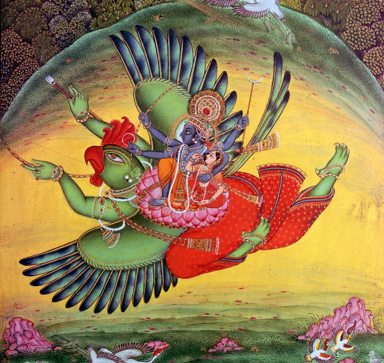 पक्षी-देवता गरुड़ पर सवार विष्णु और उनकी पत्नी लक्ष्मी की पेंटिंग द्वारा अज्ञात
