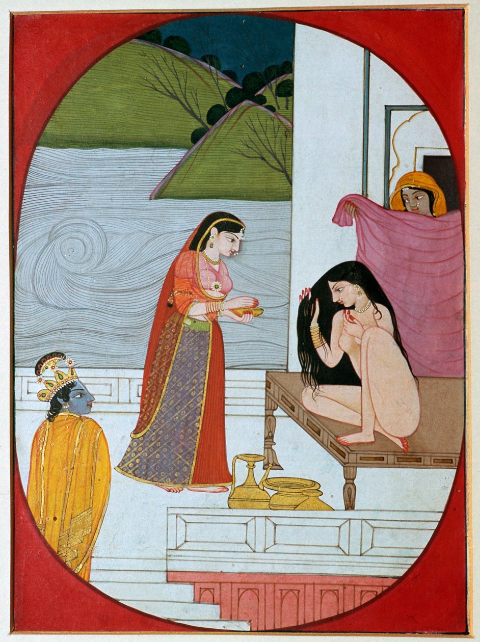 19वीं सदी में राधा को स्नान करते हुए देखते हुए भगवान कृष्ण की पेंटिंग द्वारा अज्ञात