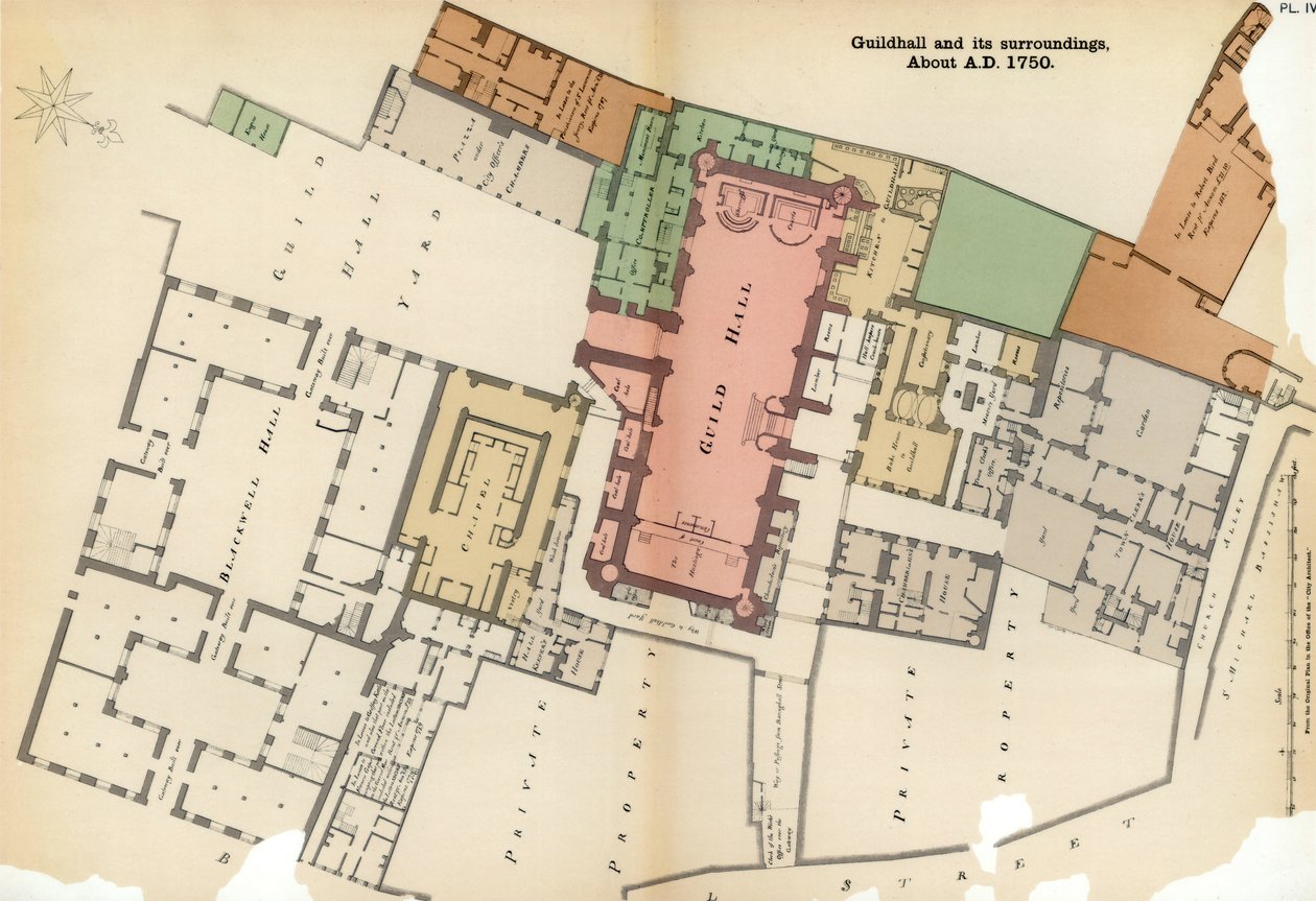 गिल्डहॉल और उसके आसपास की योजना, लंदन शहर, c1750 1886 द्वारा अज्ञात