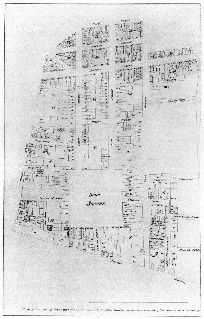 पोर्टलैंड एस्टेट, सोहो स्क्वायर, लंदन, 1907 के ड्यूक की योजना द्वारा अज्ञात