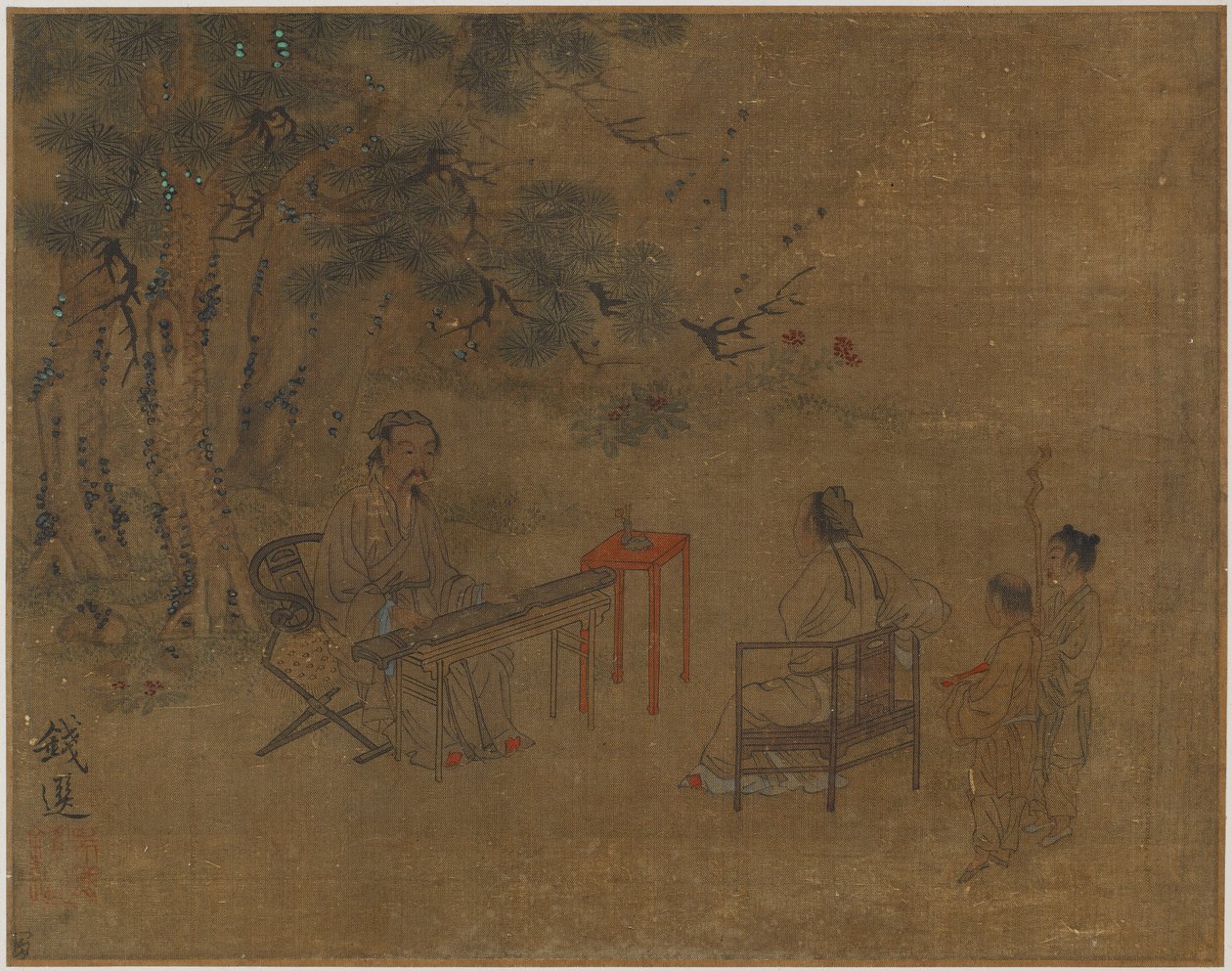 चीड़ के पेड़ों के नीचे ज़िदर बजाना, संभवतः मिंग राजवंश, 1368-1644। द्वारा अज्ञात