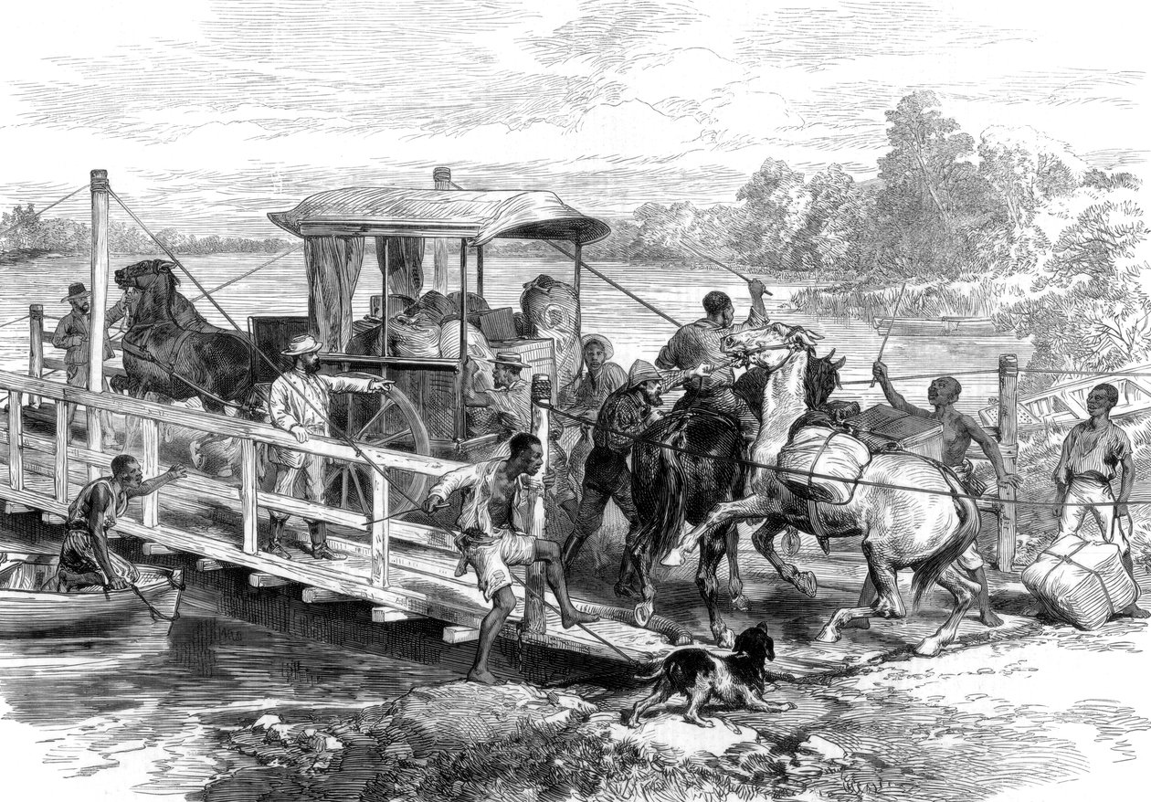 वालून नदी के ऊपर पोंटून, दक्षिण अफ्रीकी हीरा क्षेत्र, 1874 द्वारा अज्ञात