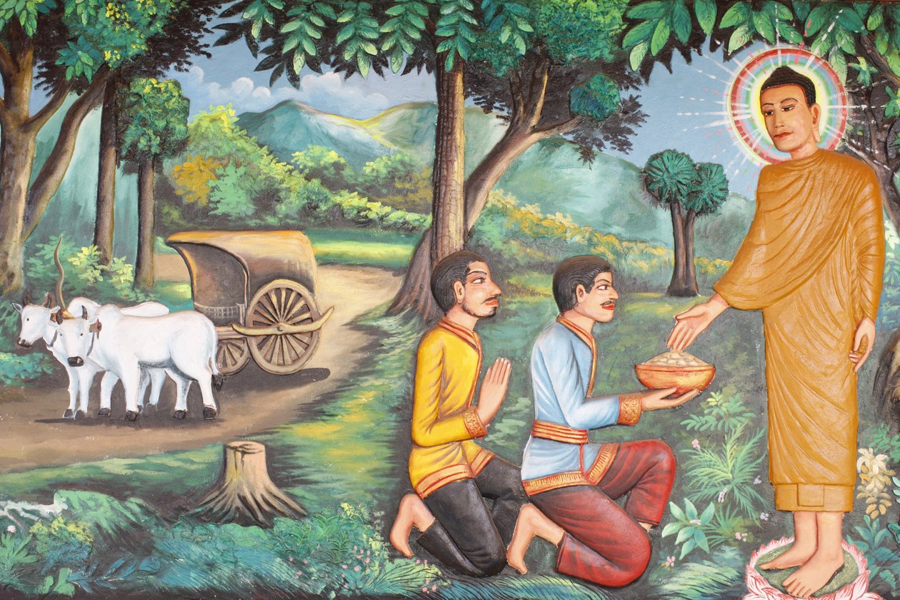 प्रीह प्रोम रथ मठ बुद्ध के जीवनसिद्धार्थ गौतम ने दो ब्राह्मणों, सिएम रीप, कंबोडिया द्वारा दिया गया भोजन प्राप्त किया द्वारा अज्ञात