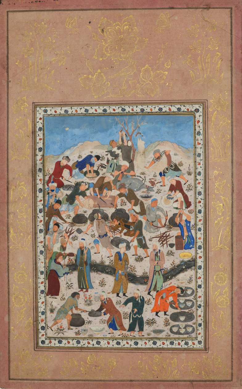 15वीं शताब्दी के उत्तरार्ध में जामी के एक दीवान से दावत, फोलियो की तैयारी। द्वारा अज्ञात