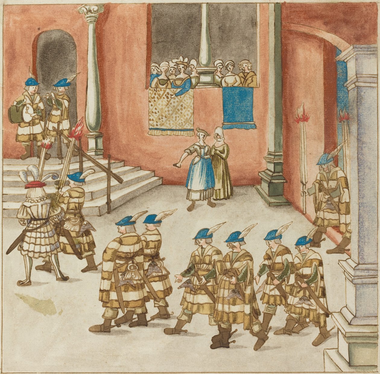 बालकनी पर महिलाओं द्वारा देखा गया शूरवीरों का जुलूस, c. 1515. द्वारा अज्ञात