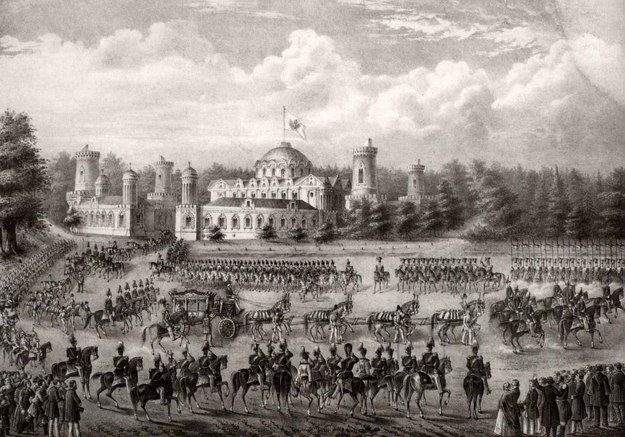 1825, 1826 में राज्याभिषेक के दौरान पेत्रोव्स्की पैलेस से डॉरमिशन कैथेड्रल में ज़ार निकोलस I का जुलूस द्वारा अज्ञात