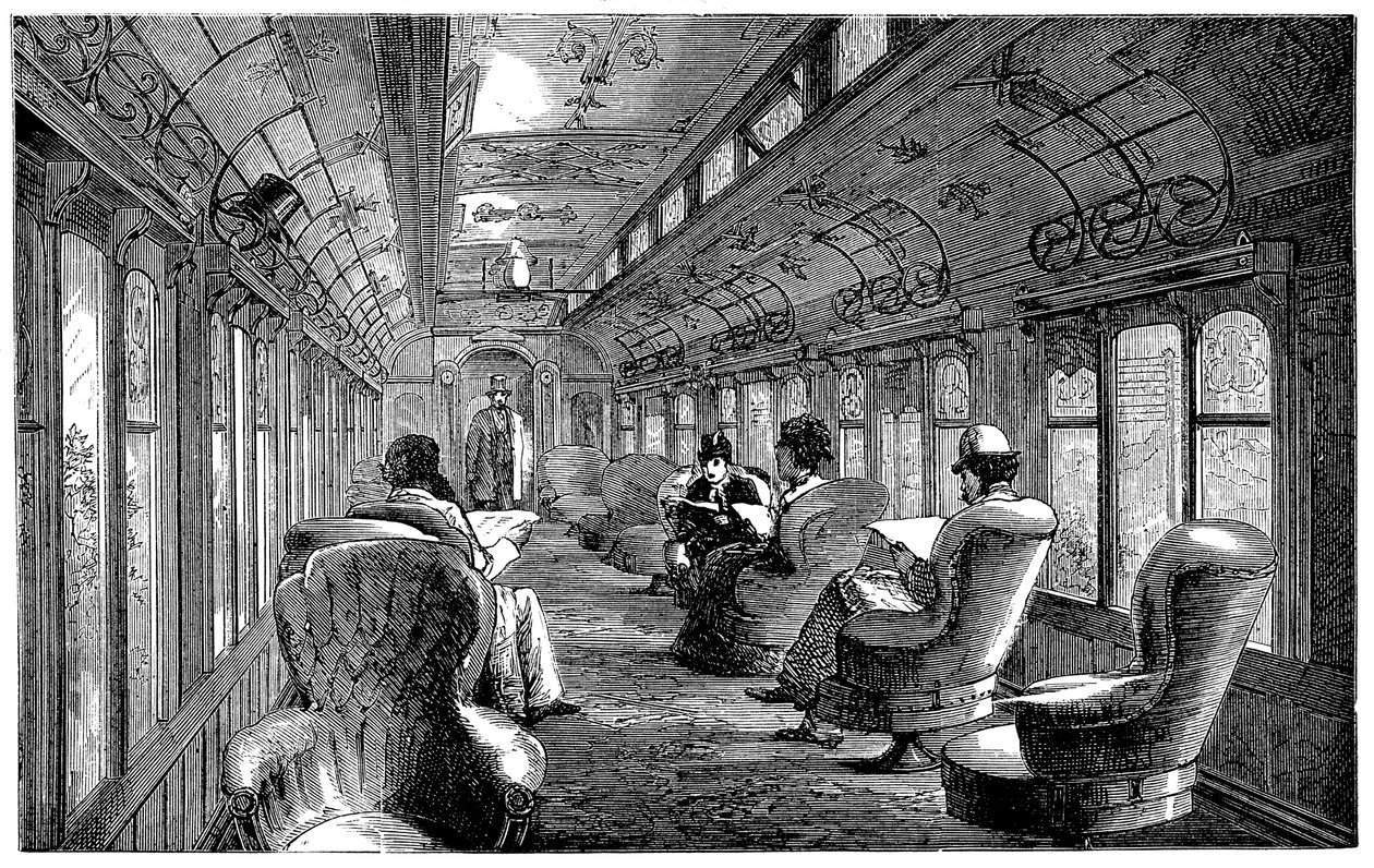1876 में इंग्लैंड के मिडलैंड रेलवे में पुलमैन ड्राइंग रूम कार द्वारा अज्ञात