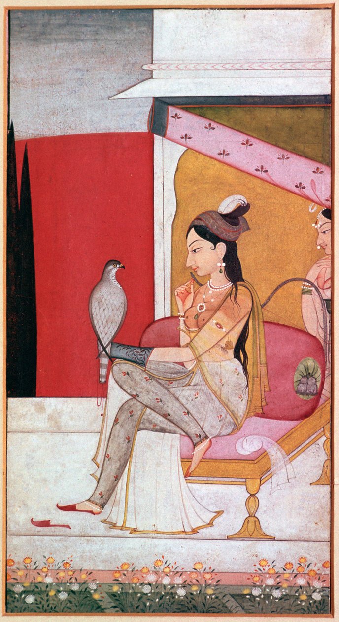 बाज के साथ एक महिला का पंजाबी चित्रण। द्वारा अज्ञात